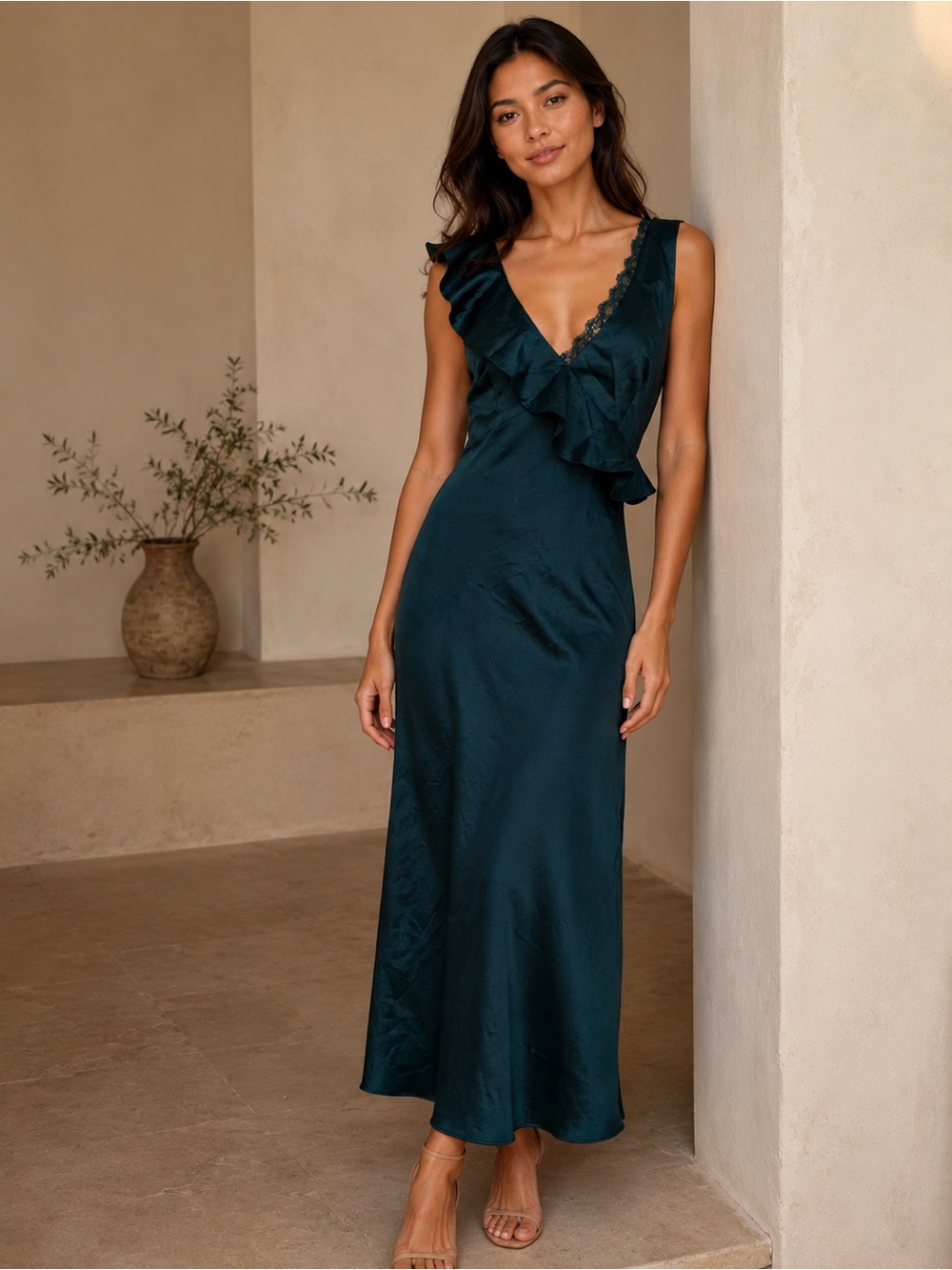 Lost + Wander dark Green / Teal Ruffle Slip Midi Dress